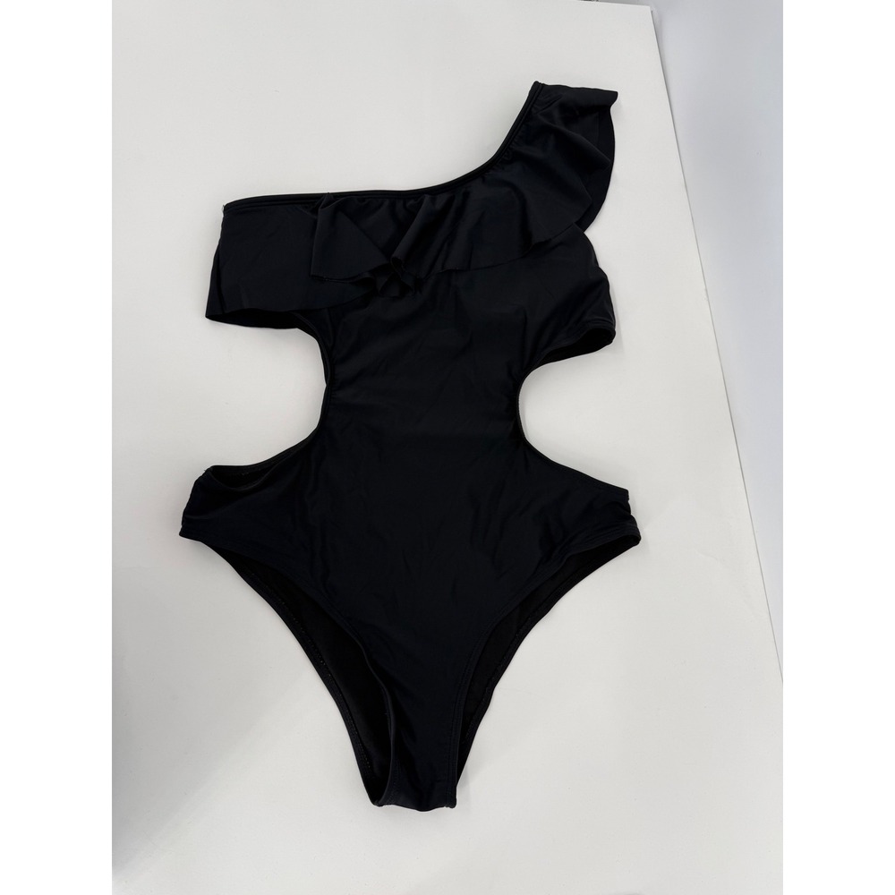 Black One Shoulder Ruffle Cutout‎ Monokini Swimsuit Women Sz L